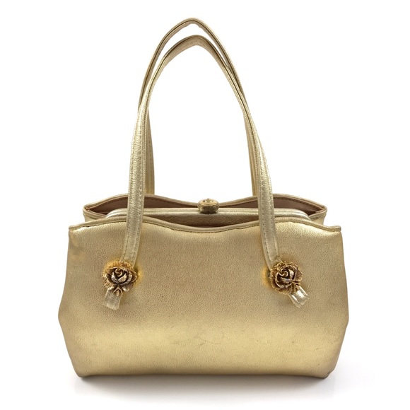 Vintage Handbags - 1950’s gold leather w/ metal rose ANDE mini purse